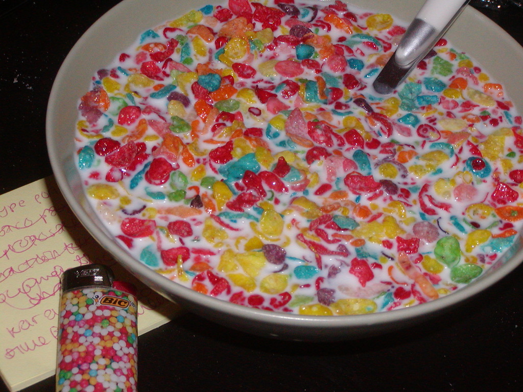 bowl of fruity pebbles with lighter